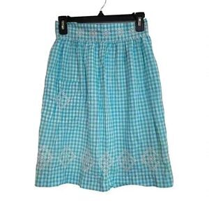 Vtg. Handmade Blue & White Gingham Check Half Apron w White Cross Stitch, Pocket